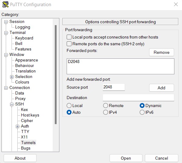 Putty 2048 port setting