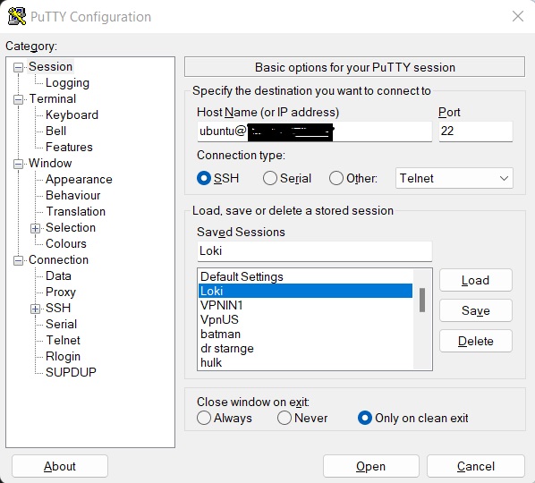 Putty port 22 configuration