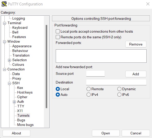 Putty SSH Tunnel setting